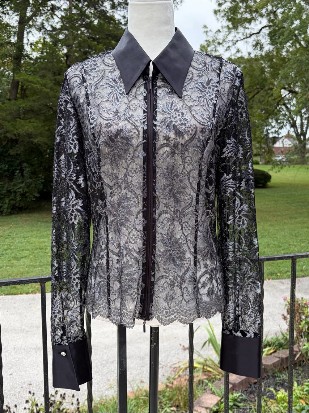 Vintage 90s Cache Black Silver Lace Sheer Jacket Shirt Whimsygoth Witchy Large